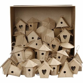 Partij kartonnen mini vogelhuisjes 7cm 6 designs 60 stuks workshop - 1