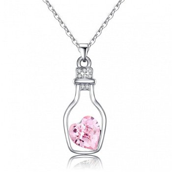 Metalen ketting met open flesje en strass hartje roze sieraden webshop cadeau - 1