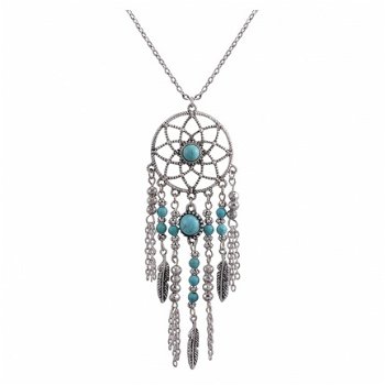 Metalen Bohemian ketting met grote dromenvanger blauw zilver - 1