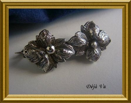 Oude zilveren broche : bloemen - 1