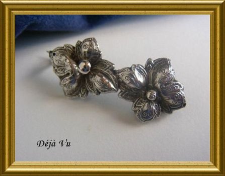 Oude zilveren broche : bloemen - 2