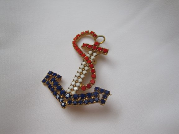 Broche goudkleurig anker met rood wit blauwe glas steentjes 5.0x3.5 cm. - Afbeelding 6