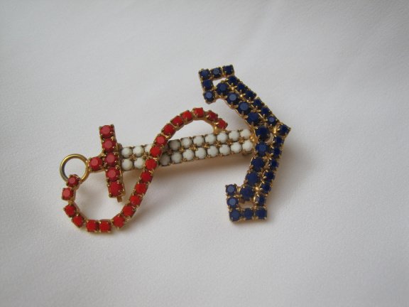 Broche goudkleurig anker met rood wit blauwe glas steentjes 5.0x3.5 cm. - Afbeelding 7