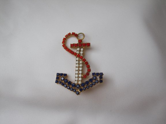 Broche goudkleurig anker met rood wit blauwe glas steentjes 5.0x3.5 cm. - Afbeelding 8