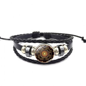 Sri Yantra armband van zwart gevlochten leer - 1