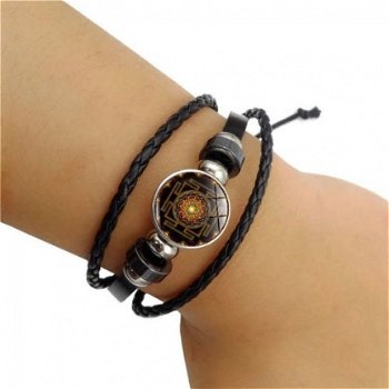 Sri Yantra armband van zwart gevlochten leer - 2