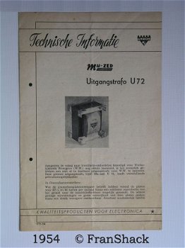 [1954] Technische informatie Mu-ZED Uitgangstrafo U72, bulletin, AMROH, - 1