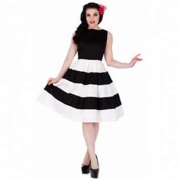 Dolly and Dotty, Anna Striped Dress in Black/ White. Swing jurk met zwart lijfje. - 1