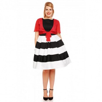 Dolly and Dotty, Anna Striped Dress in Black/ White. Swing jurk met zwart lijfje. - 3