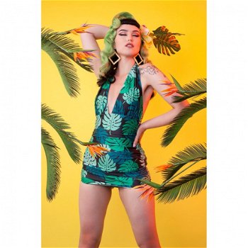 Collectif, Green Palm Skirted Swimsuit. Vintage halter badpak in palm print. - 1