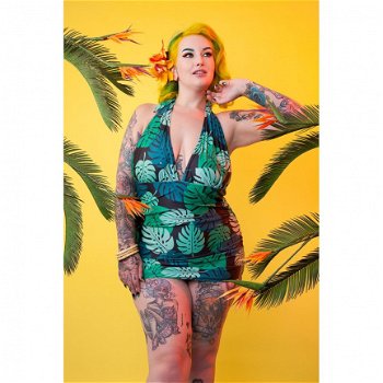 Collectif, Green Palm Skirted Swimsuit. Vintage halter badpak in palm print. - 2