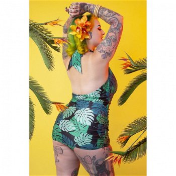Collectif, Green Palm Skirted Swimsuit. Vintage halter badpak in palm print. - 3