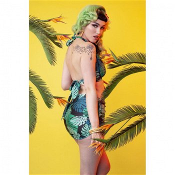 Collectif, Green Palm Skirted Swimsuit. Vintage halter badpak in palm print. - 4
