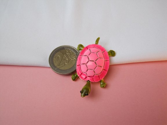 Broche goudkleurig verguld en roze groen emaille schildpad 4.9x3.0 cm - Afbeelding 5