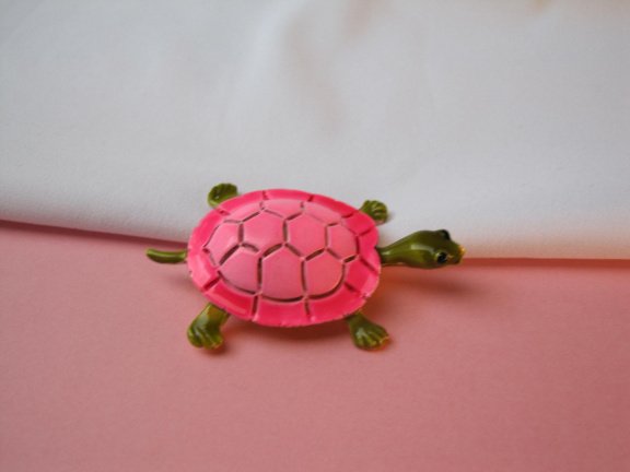Broche goudkleurig verguld en roze groen emaille schildpad 4.9x3.0 cm - Afbeelding 6