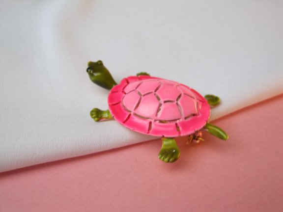Broche goudkleurig verguld en roze groen emaille schildpad 4.9x3.0 cm - Afbeelding 7