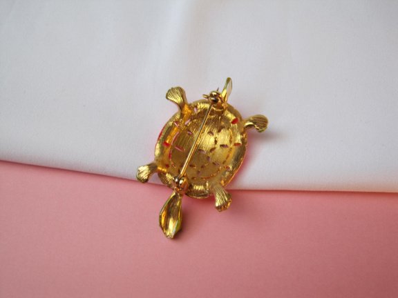 Broche goudkleurig verguld en roze groen emaille schildpad 4.9x3.0 cm - Afbeelding 8