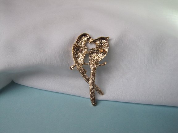 Broche goudkleurig blauw groen emaille vogels / Bird Love 5.7x2.9 cm - Afbeelding 7