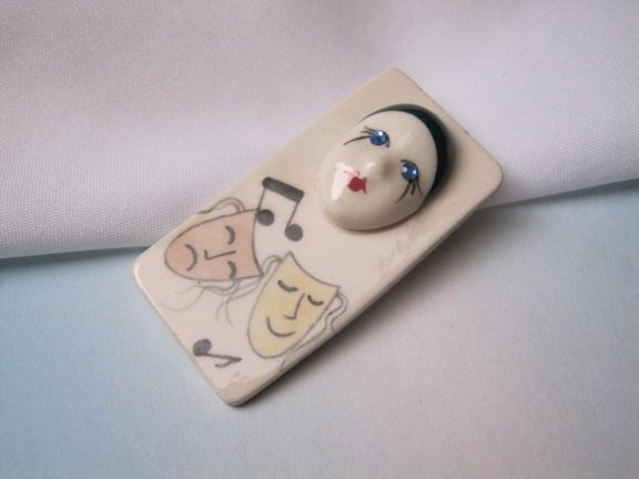 Broche keramiek porselein theater van de huil en lach harlekijn 2.7x2.4 cm - Afbeelding 4