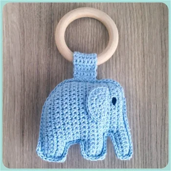 Rammelaar + bijting olifantje | handgemaakt | blauw - 1