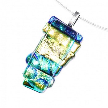 Luxe glashanger met blauw, geel en groen dichroide glas. Glazen hanger voor aan een ketting! - 1