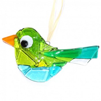 Groene glazen vogel hanger van speciaal glas. Unieke glasfusing vogel hanger. Decoratie vogelhanger - 1