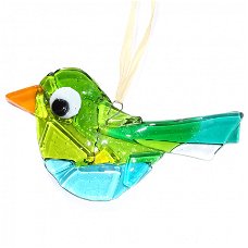 Groene glazen vogel hanger van speciaal glas. Unieke glasfusing vogel hanger. Decoratie vogelhanger