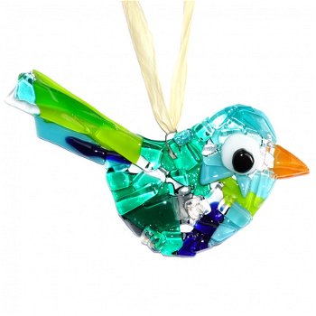 Groene glazen vogel hanger van speciaal glas. Unieke glasfusing vogel hanger. Decoratie vogelhanger - 7