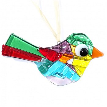Luxe heldere glazen vogel versierd met kostbaar dichroide glas in alle kleuren van de regenboog. - 5