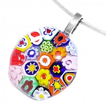 Kleurrijke glazen hanger met gekleurde millefiori (Murano) figuren zoals bloemen, sterren en cirkels - 1