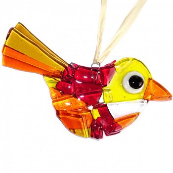 Prachtige rood met oranje en gele vogelhanger van glas.Glazen vogel hanger van speciaal glas gemaakt - 1