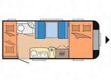 Hobby De Luxe 490 KMF Compacte 5 persoons caravan met vast bed en stapelbed.