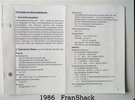 [1986] Gebrauchsanweisung Messumformer ETP30 / ETQ 30, H&Braun - 2