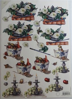 3D knipvel (A4) --- BLOEMEN --- Marianne Design MB 0047 --- WITTE ROZEN met BOEKEN en FRUIT