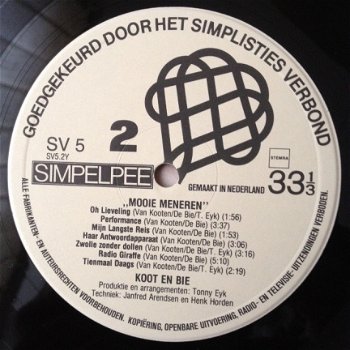 Koot en Bie - Mooie meneren - 5e LP Simplistisch Verbond 1982 - 6