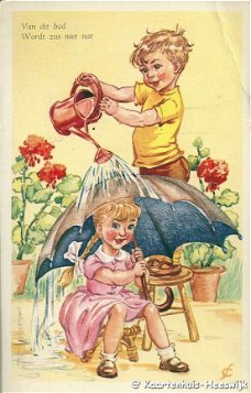 Kinderkaart Van dit bad Wordt zus niet nat 1958