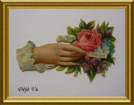 Antiek poezieplaatje : hand met bloemen : With love - 1