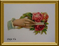 Antiek poezieplaatje : hand met bloemen, think of me // victorian scrap, hand with flowers