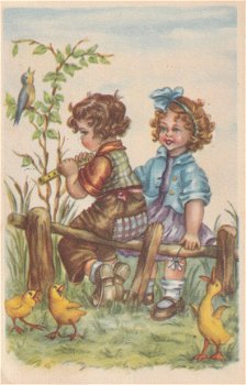 Kinderkaart jongen en meisje met blokfluit 1953 - 1