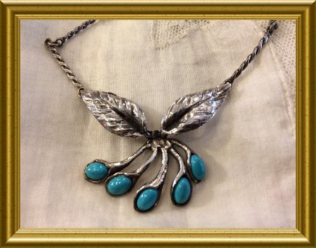 Oude zilveren ketting met turkoois, blauwe steentjes // turquoise necklace - 8