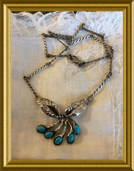 Oude zilveren ketting met turkoois, blauwe steentjes // turquoise necklace - 2