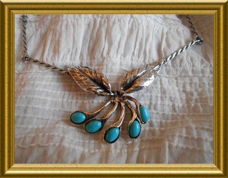 Oude zilveren ketting met turkoois, blauwe steentjes // turquoise necklace - 6