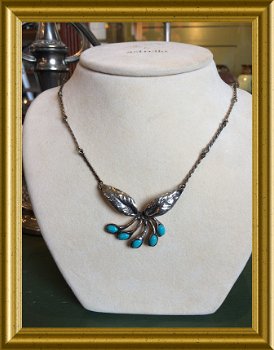 Oude zilveren ketting met turkoois, blauwe steentjes // turquoise necklace - 7