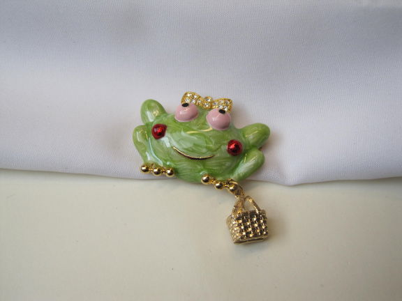 Broche goudkleurig en groen gemarmerd emaille prinses kikker 4.3x3.2 cm - nr. 1