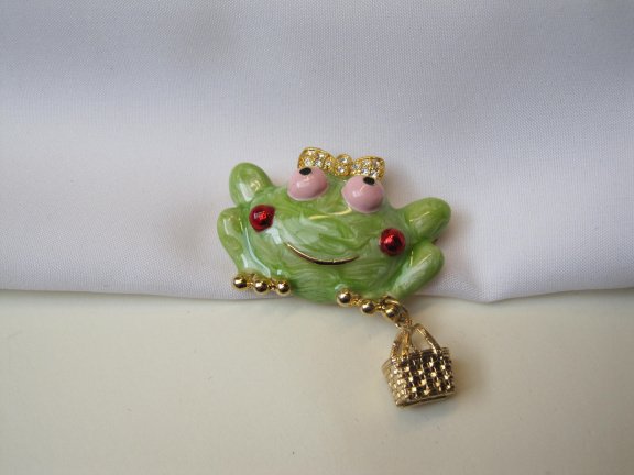Broche goudkleurig en groen gemarmerd emaille prinses kikker 4.3x3.2 cm - Afbeelding 6