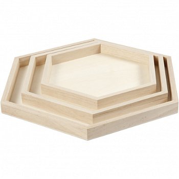 Houten dienbladen Hexagon 21+26+31cm - set 3 stuks - 1