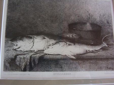 Antieke litho / gravure in lijst : A. Vollon, vissen - 2