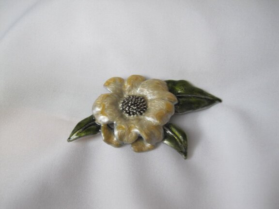 Broche zilverkleurig metaal met gemarmerd en groen emaille bloem 7.5x4.6 cm - Afbeelding 6