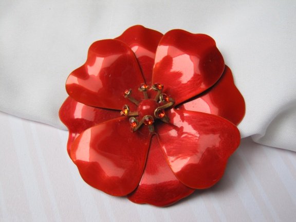 Broche bloem rood oranje bloem met heldere rijnsteentjes 6.7 cm - Afbeelding 5