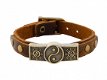 Leren armband met messing gesp, klinknagels en yin yang symbool - 1 - Thumbnail